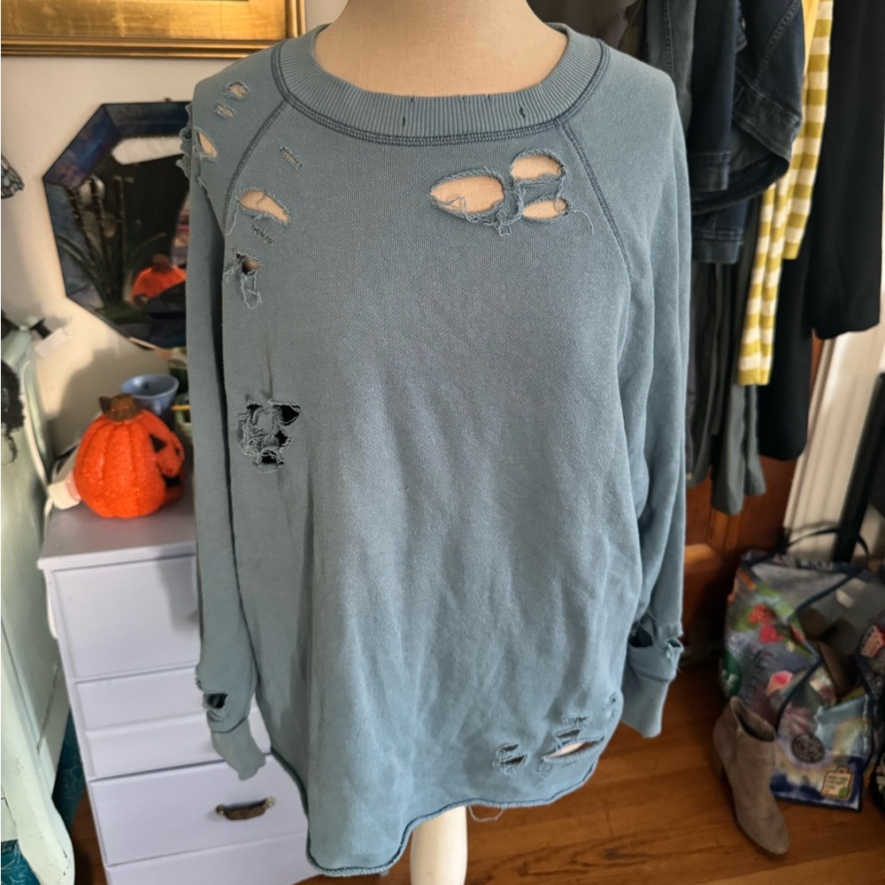 Aerie Distressed Soft Blue Sweatshirt Generous S Stretch Cotton Cozy VGUC